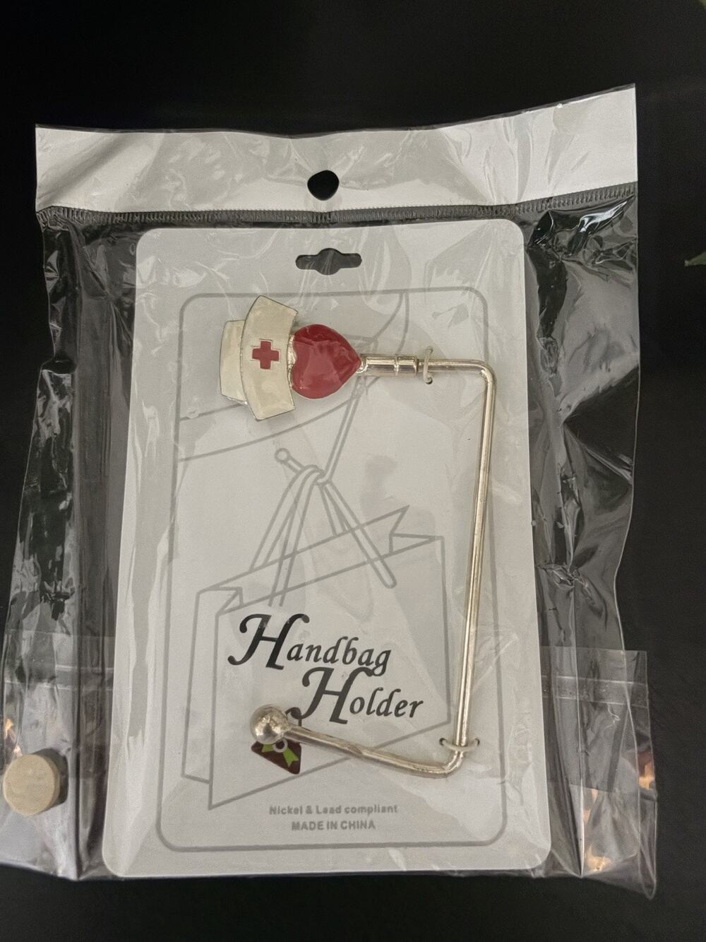 Cross Handbag Holder Silver Tone With Nurse Hat And Heart